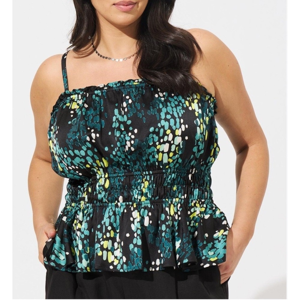 Torrid Peplum Cami Womens Plus Size 2 Black Blue Green Abstract Polka Dot Print